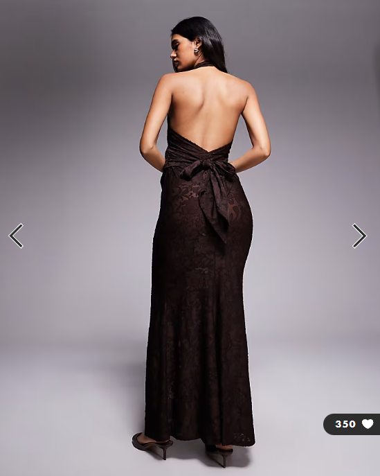ASOS DESIGN devore lace halterneck maxi dress with ruching in chocolate