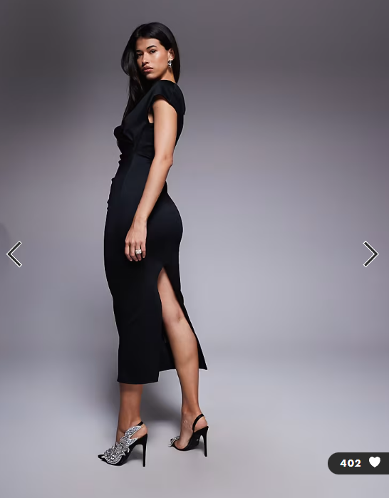 ASOS DESIGN structured midi dress with capped sleeve and draped cross front in black