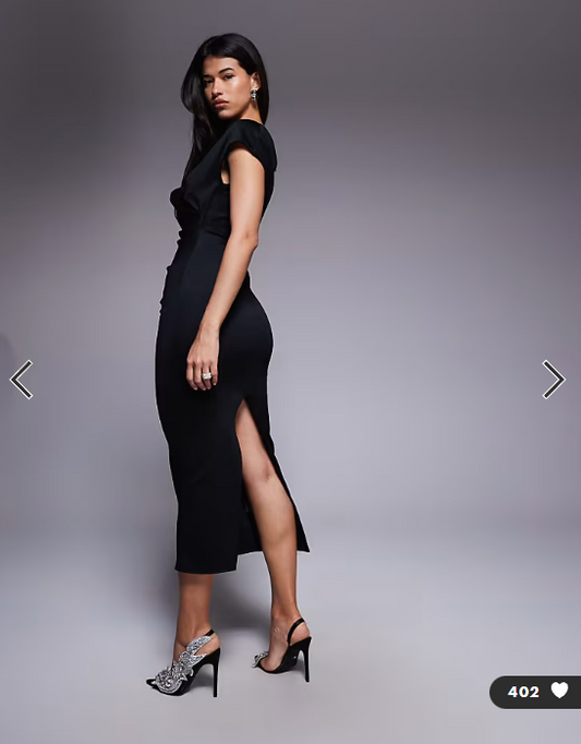 ASOS DESIGN structured midi dress with capped sleeve and draped cross front in black