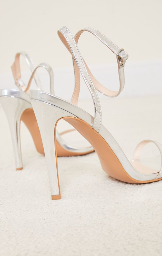 Silver PU Square Toe Barely There Strappy High Heels