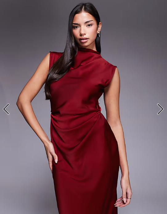Asos - satin high neck pleated bldice midi dress burgundy