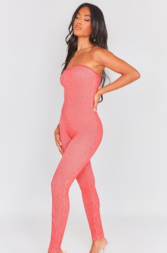 Pink Two Tone Knit Bandeau Jumpsuit