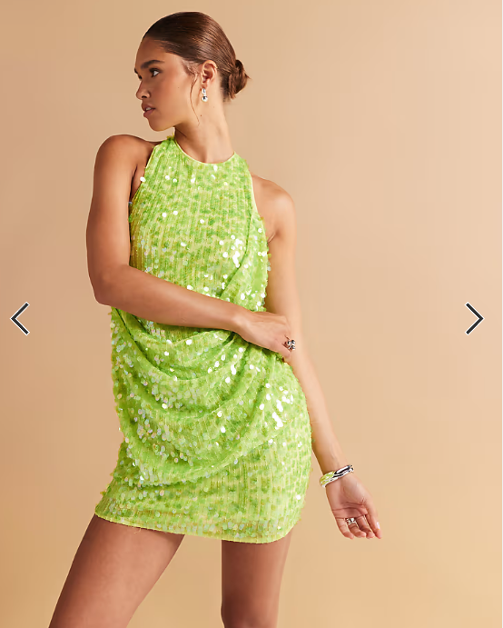 ASOS DESIGN embellished sequin draped front mini dress with high neck and open back in neon green