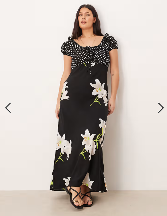ASOS DESIGN Curve scoop neck maxi dress with frill and tie detail in mixed spot and floral print
