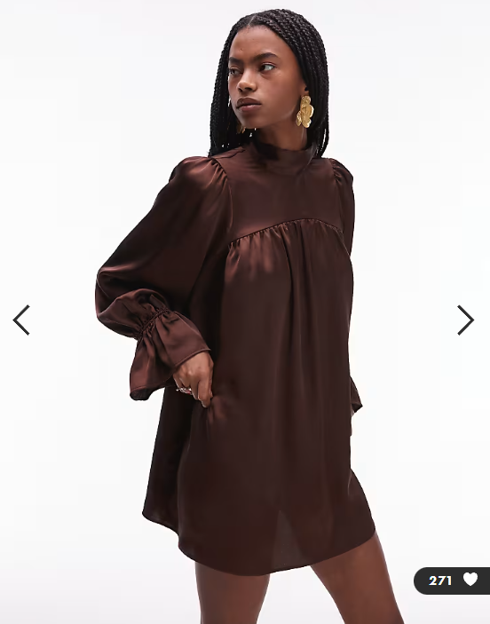 ASOS DESIGN satin high neck blouson sleeve mini dress in chocolate