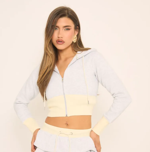 Long Sleeve Contrast Detail Cropped Zip Up Hoodie In Grey