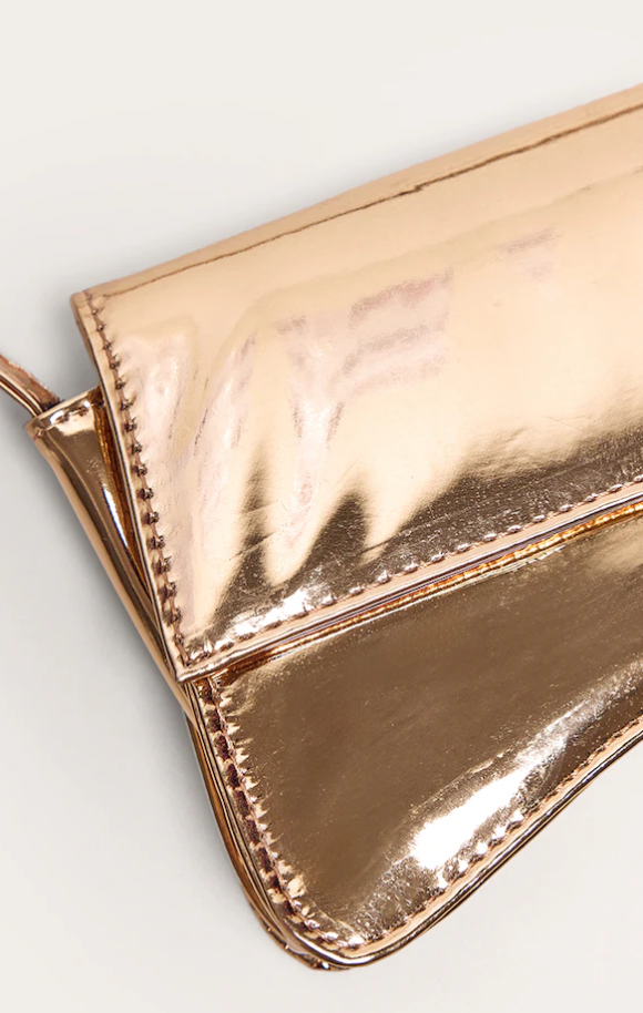 Gold PU Flap Over Baguette Shoulder Bag