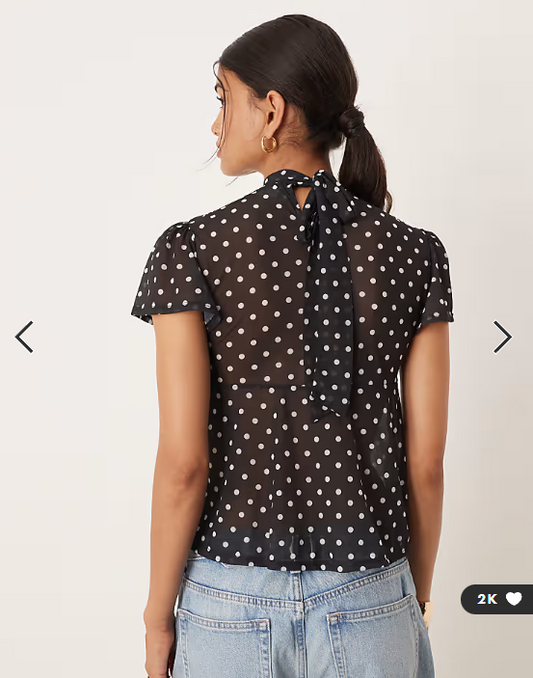 ASOS DESIGN floaty mesh flutter sleeve top with tie back detail in black polka dot