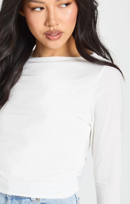 Boohoo - Petite Double Layer Slinky Long Sleeve Top - white