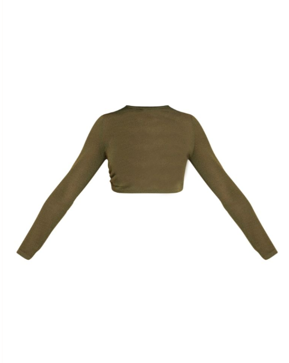 Petite Khaki Sheer Knit Longsleeve Crop Top