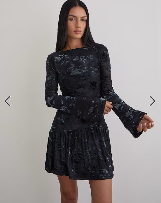 Motel Anyeli velvet leaf mini dress in dark blue