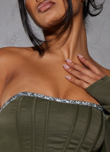 Khaki Woven Diamante Trim Bardot Long Sleeve Corset
