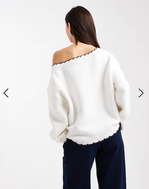 Miss Selfridge asym off the shoulder blanket stitch slouchy jumper in cream