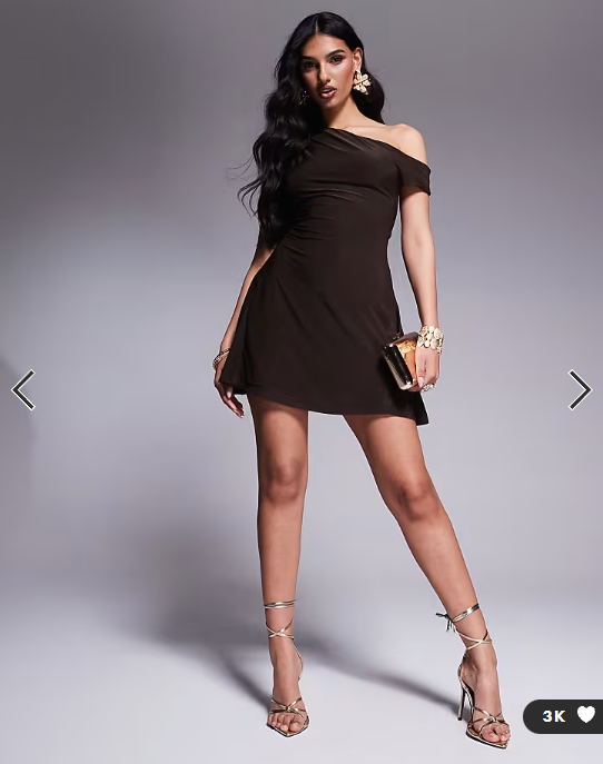 Kaiia exclusive double layered slinky off shoulder drape detail fitted waist mini skater dress in chocolate brown