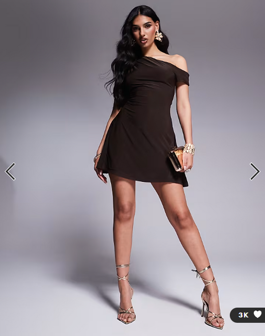 Kaiia exclusive double layered slinky off shoulder drape detail fitted waist mini skater dress in chocolate brown