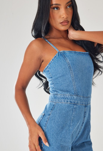 Mid Blue Wash Strappy Back Detail Denim Jumpsuit