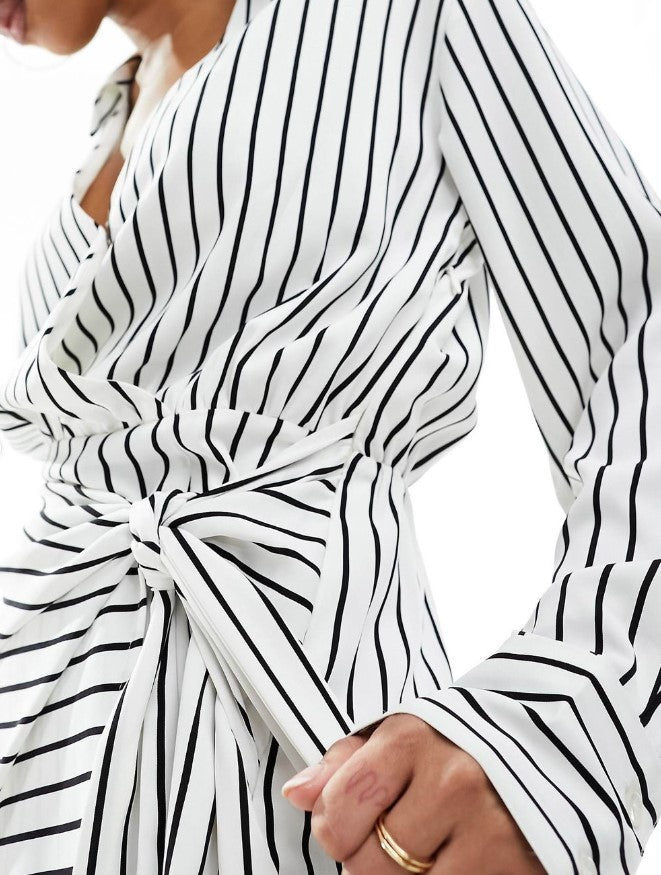 Abercrombie & Fitch long sleeve draped striped shirt dress in white