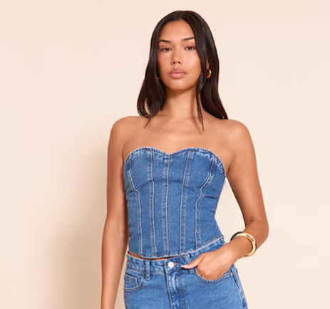 Mid Blue Wash Seam Detail Denim Corset Top