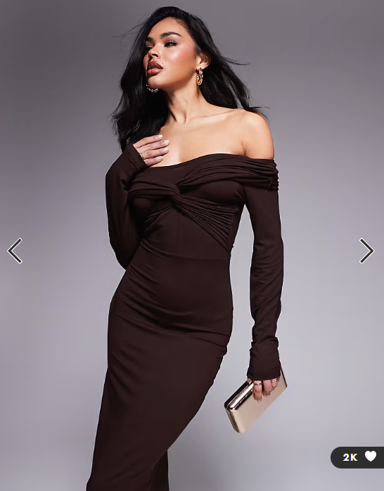 ASOS DESIGN off shoulder twist midi dress with long sleeves in chocolate