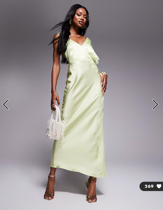 ASOS DESIGN satin one shoulder maxi dress with lace trim in sage green
