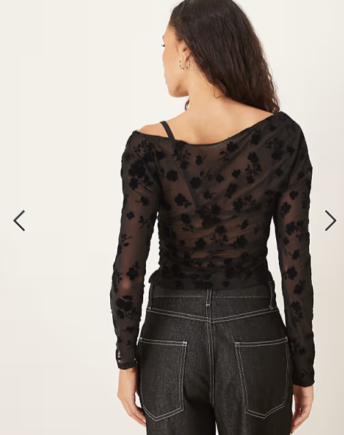 ASOS DESIGN flocked asymmetric cinched top in black