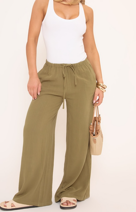 Ego - drawcord elasticated waist wide leg trousers in khaki linen
