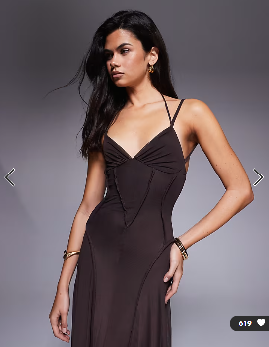 ASOS DESIGN mesh maxi dress with exposed seam detail in brown