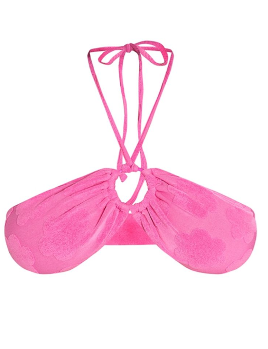 Plus Hot Pink Burnout Flower Towelling Ring Halter Neck Bikini Top