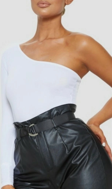 White Stretch Crepe One Shoulder Thong Bodysuit