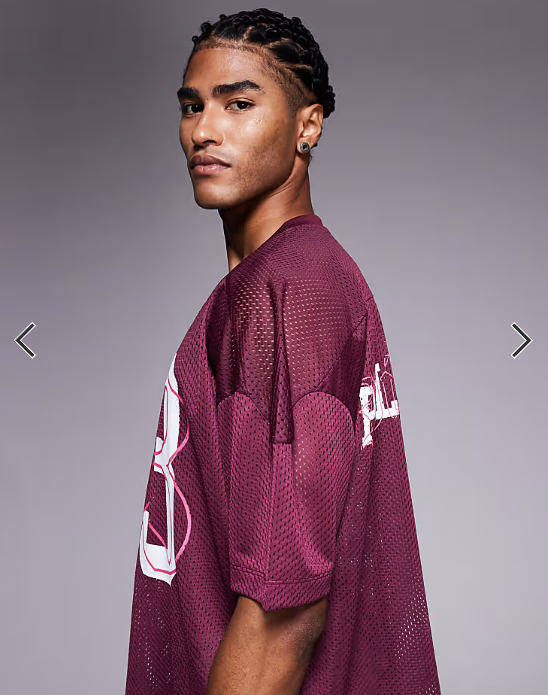 ASOS DESIGN boxy oversized T-shirt with dropped shoulder and v neck with sports graphic in burgundy airtex .