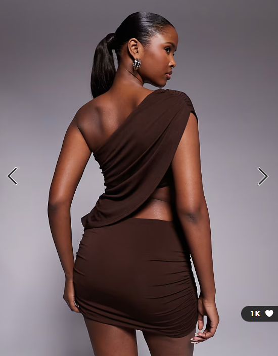 Tiger Mist Ryland off shoulder drape cut out detail mini dress in chocolate