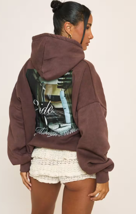 Long Sleeve Back Graphic Detail Hoodie In Brown