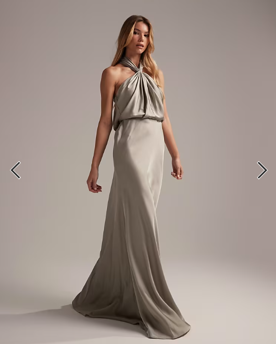 ASOS DESIGN Bridesmaid satin ruched halter neck maxi dress in sage green