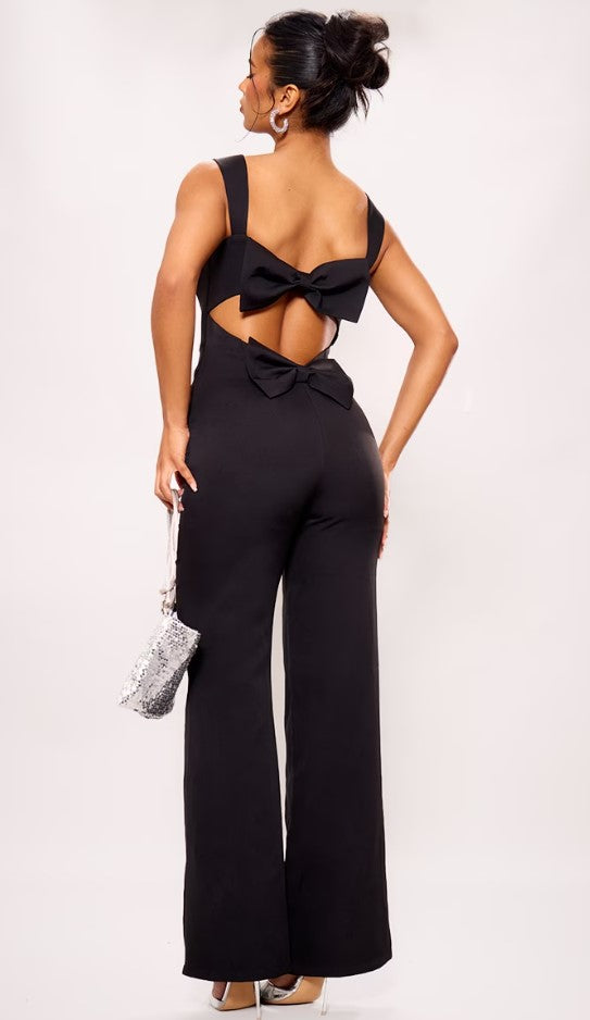 Black Woven Cut Out Bow Detail Jumpsuit