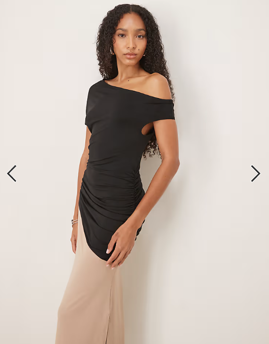 ASOS DESIGN hybrid fallen shoulder maxi dress in beige and black