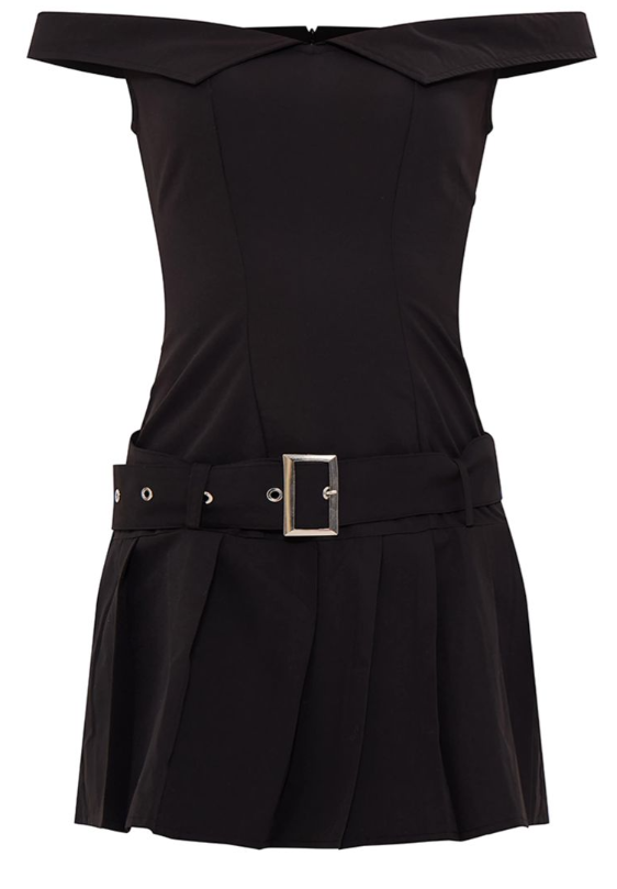 Black Bardot Belted Pleated Shift Dress
