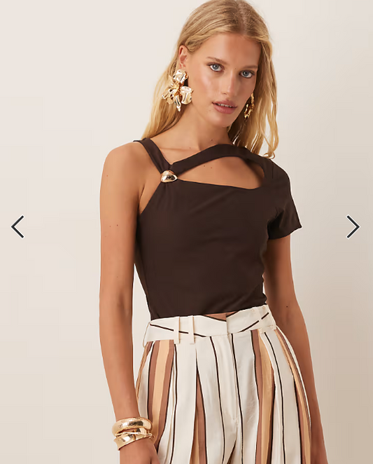 ASOS DESIGN clean hardware detail cut out bodysuit in chocolate