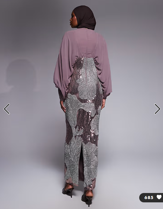 ASOS DESIGN blouson bodice batwing maxi dress with floral embellished skirt in mauve