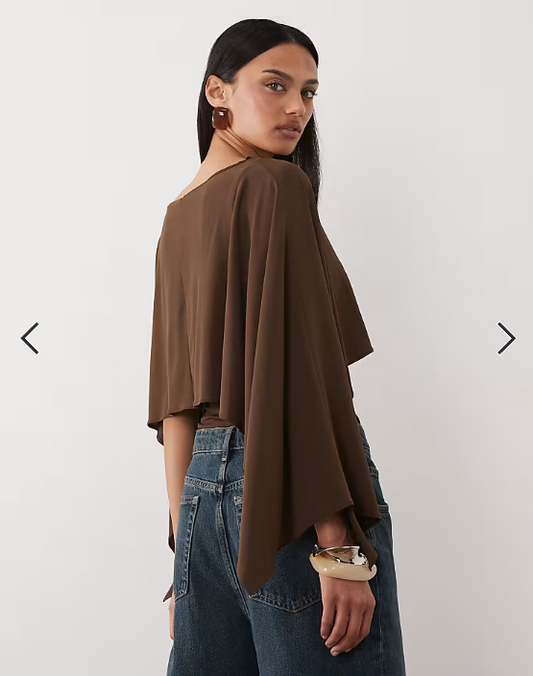 Mango round neck short sleeve top with cape detail in brown