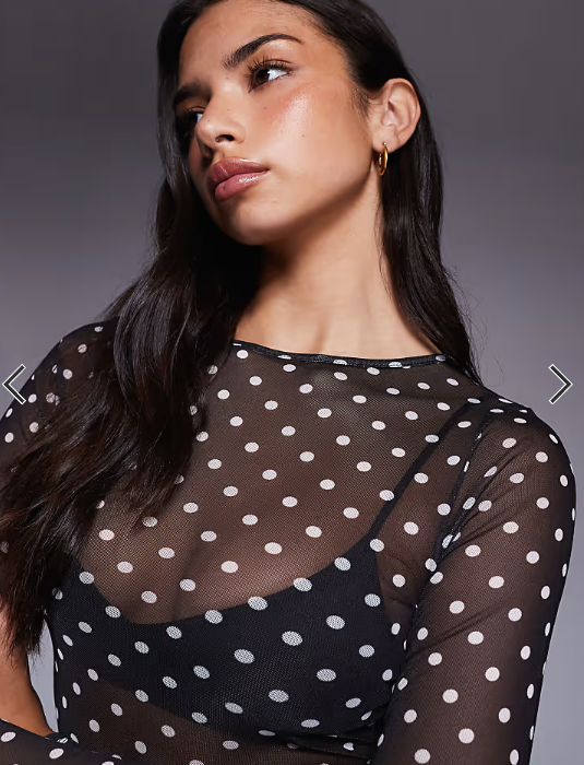 ASOS DESIGN mesh long sleeve top in black and white polka dot