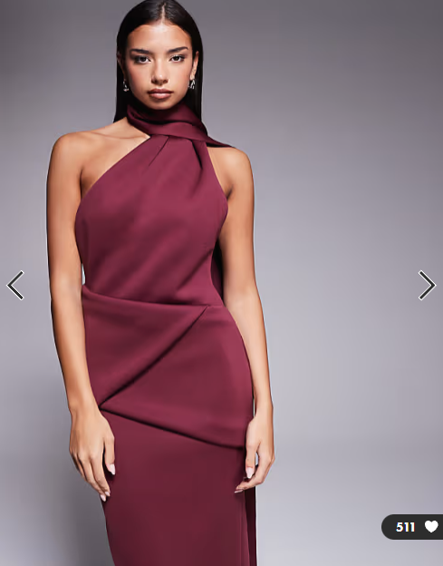 ASOS DESIGN draped scarf neck detail midi dress in burgundy scuba-style fabric