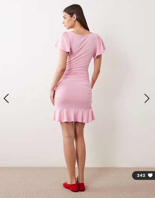 ASOS DESIGN flutter angle sleeve slash neck ruched mini dress in pastel pink