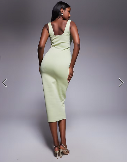 ASOS DESIGN curved neckline midi dress with split in sage green in scuba-style fabric