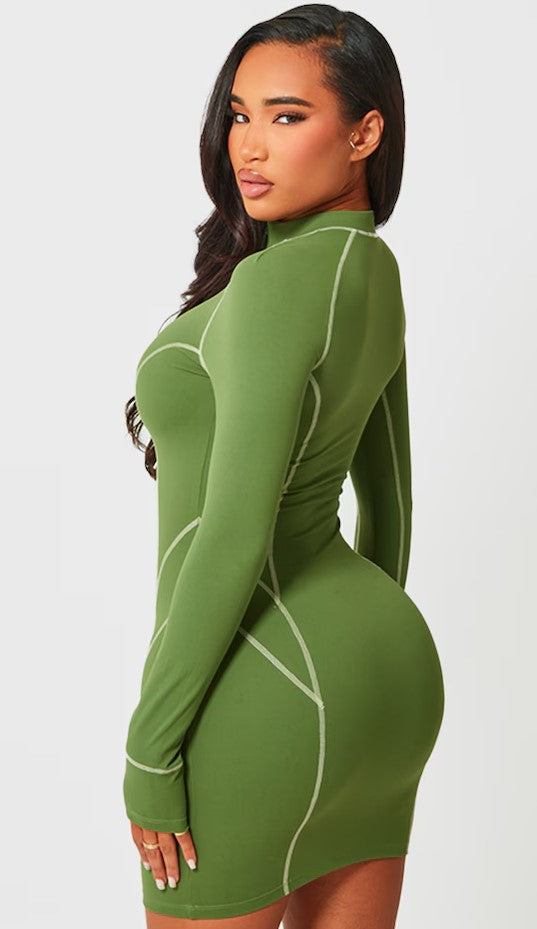 Shape Khaki Soft Seamless Contrast Long Sleeve Bodycon Dress