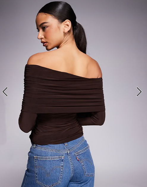 ASOS DESIGN slinky drape bardot long sleeve top in chocolate