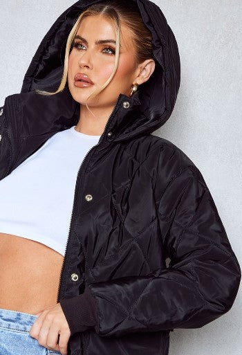 TALL BLACK QUILTED PUFFER DETAIL HOODED JACKET