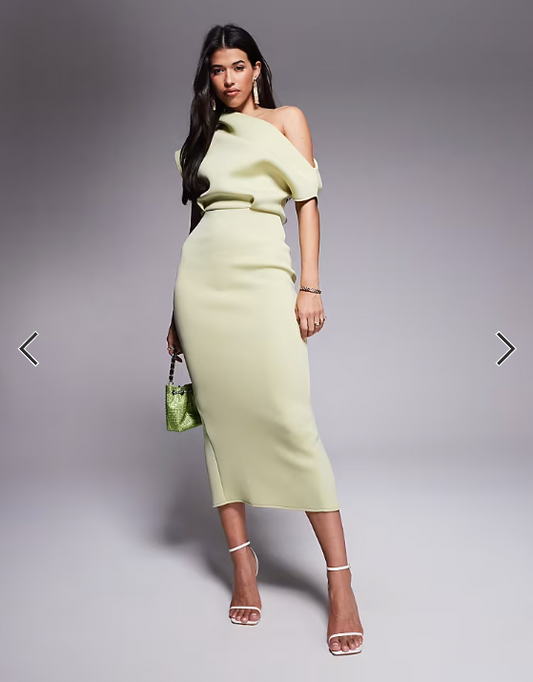 ASOS DESIGN dramatic neckline midi dress in sage green in scuba-style fabric