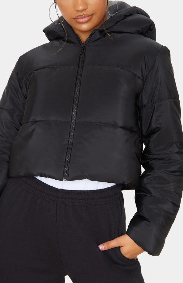 Black Basic Hooded Cropped Puffer