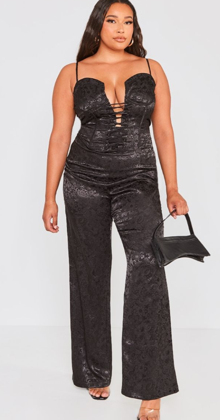 Plt - Plus Black Jacquard Lace Up Corset Jumpsuit