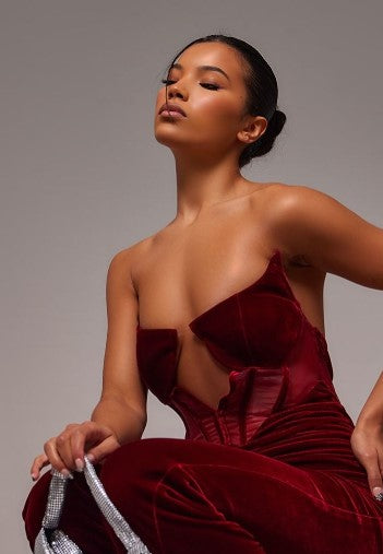 Cherry Red Velvet Corset Bandeau Ruched Jumpsuit